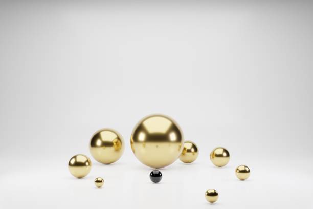 istock Shapes 3d abstract geometric background. Golden balls, white spheres rendering. Flying polygonal spheres in empty space. Futuristic background with bokeh effect. Poster design. 1213045052