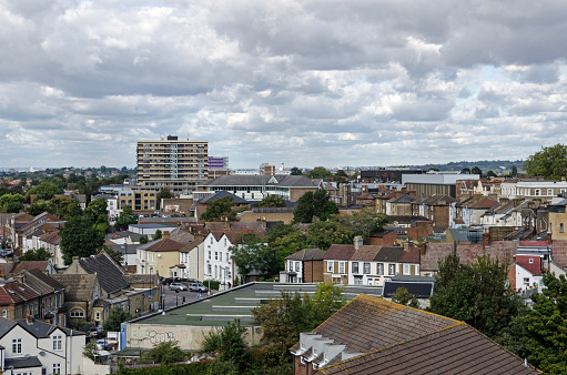 View from a high building across houses and flats just to the north of Croydon City centre.