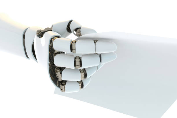 istock 3D rendering robot arm holding a paper template stock photo 1213048748