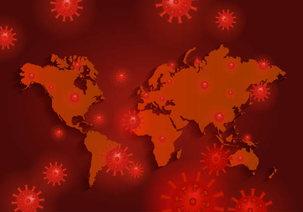 istock Red world map with flying coronavirus. Coronavirus or other world epidemic concept. 1213048762