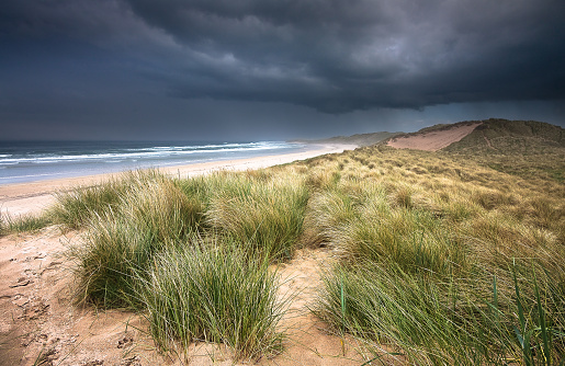 An intense indigo blue stormy sky with incoming rain clouds sweeping across the marram grass covered sand dunes beside the beach and sea at Bamburgh on the Northumberland coast in North East England.