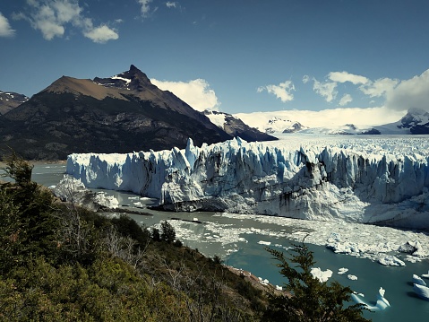 A view of Perito Moreno, a large Argentine glacier located in the Los Glaciares National Park, El Calafate region.