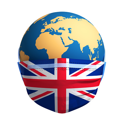 Planet Earth In Medical Mask And Flag Of Great Britain On White Background. Novel Coronavirus Covid-19. Concept Of Coronavirus Quarantine. 3D Illustration.