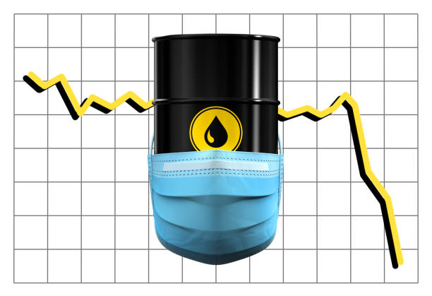 баррель нефти в медицинской маске на фоне ценового графика - gold pumps стоковые фото и изображения