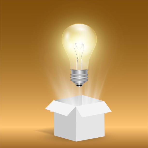 istock Vector opened box with magical silver shiny rays coming out of it and electric bulb isolated on background. Eureka concept. Attention and surprise concept banner for posters. Cardboard 3d package. 1213051789
