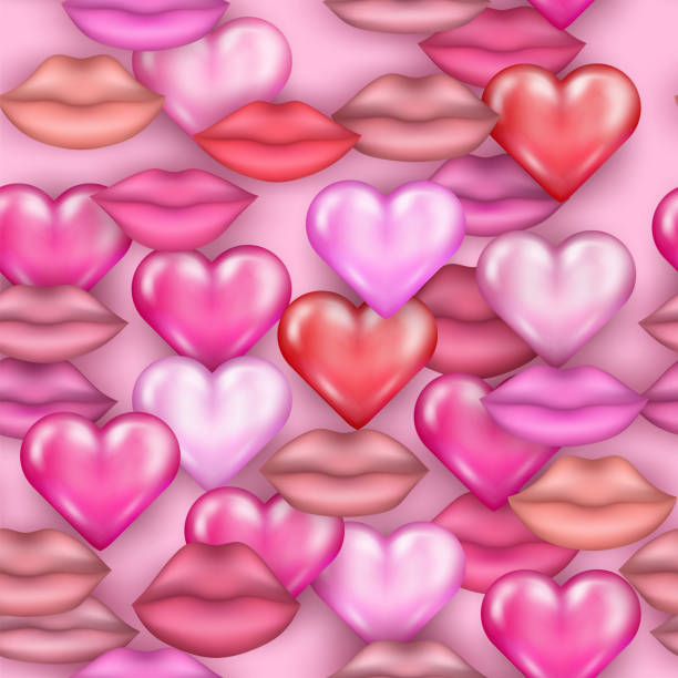 로맨틱 한 3d 핑크 하트와 입술 벡터 원활한 패턴. 직물, 벽지에 대한 발렌타인 데이 축하 배경. 복고풍 달콤한 감정 테마, 판매 배너, 포스터장식 사랑스러운 인쇄. - love valentines day heart shape kissing stock illustrations