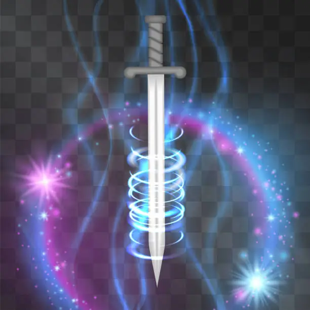 Vector illustration of Cartoon 3d sword surrounded by light effect swirls, shining waves, stardust sparkles and blue lens flares isolated on transparent background. Mobile phone app strategy or fight game illustration.