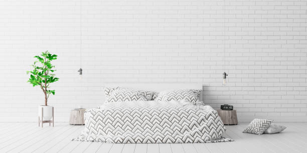 istock Modern white bedroom interior design with white brick wall 3d Render 1213052256