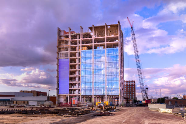 A crane is used in the construction of Citizens Tower, Lubbock, Texas,
