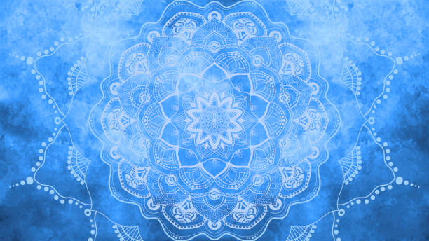 mandala - handgezeichnete mandala-design auf handbemalte blaue aquarell- kopierraum - handpainted stock-grafiken, -clipart, -cartoons und -symbole
