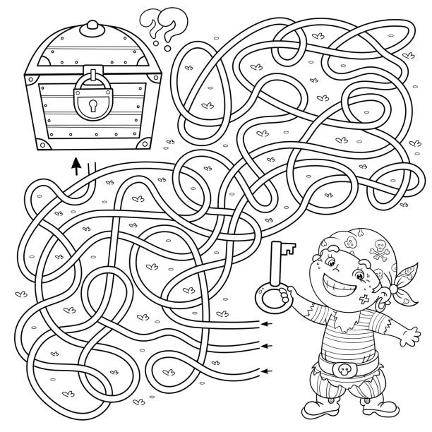 Laberinto o laberinto juego para niños en edad preescolar. Rompecabezas. Camino enredado.  Coloreando el esquema de la página de la nave pirata de dibujos animados con el cofre del tesoro clave y cerrado. Libro para colorear para niños