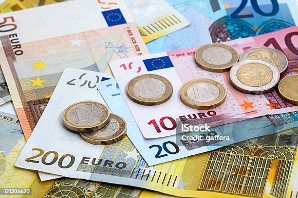 Variety Of Denominations Of Euro Coins And Bills Stock Photo - Download Image Now - European Union Currency, Euro Symbol, Currency