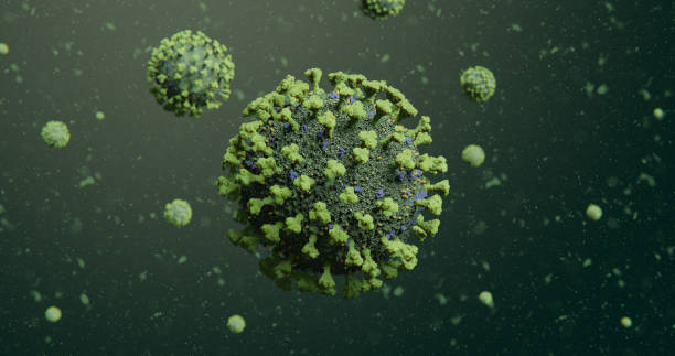 istock Contagious COVID-19 Corona Influenza Virus Molecules Floating in Green Particles 1213067416
