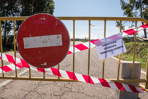 Portugal and Spain shut their border because of the risk of COVID-19 coronavirus infection. Road cut in La Codosera, Badajoz, Spain.