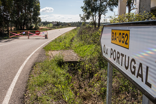 Portugal and Spain shut their border because of the risk of COVID-19 coronavirus infection. Road cut in La Codosera, Badajoz, Spain.