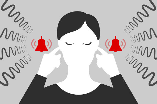 Woman is plugging her ears with fingers when suffering from tinnitus vector art illustration