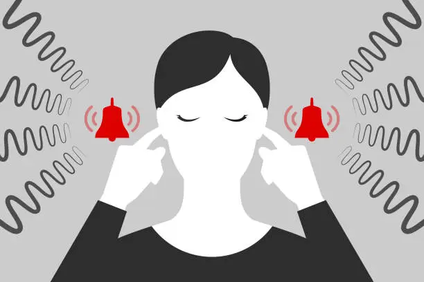 Vector illustration of Woman is plugging her ears with fingers when suffering from tinnitus