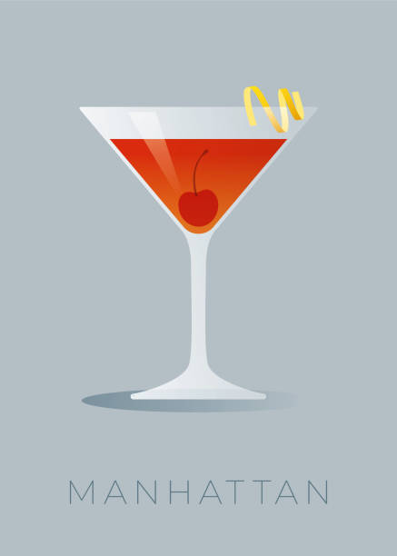 illustrazioni stock, clip art, cartoni animati e icone di tendenza di cocktail manhattan con buccia di limone e ciliegia maraschino. - aperitif