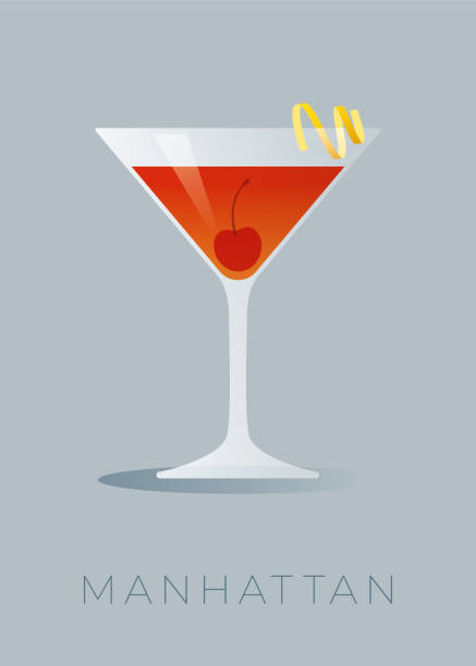 ilustrações de stock, clip art, desenhos animados e ícones de manhattan cocktail with a lemon peel and a maraschino cherry. - whisky ice cube glass alcohol