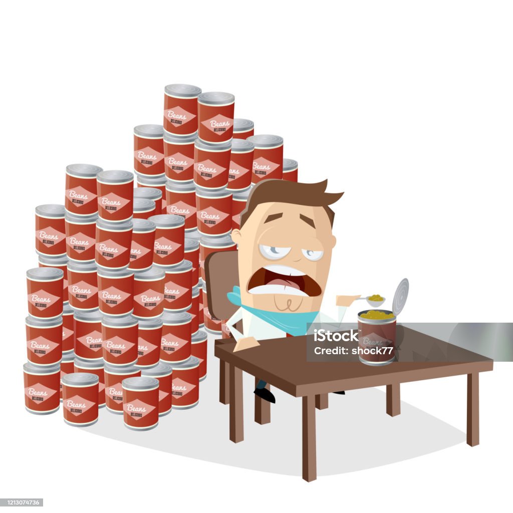 Funny Cartoon Man Has To Eat All The Canned Beans He Bought In Panic Stock  Illustration - Download Image Now - iStock