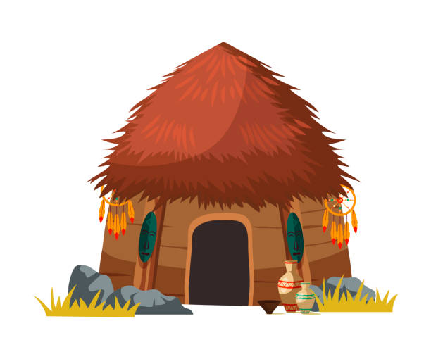 白いデザインで隔離されたアフリカの部族小屋の家 - hut点のイラスト素材／クリップアート素材／マンガ素材／アイコン素材