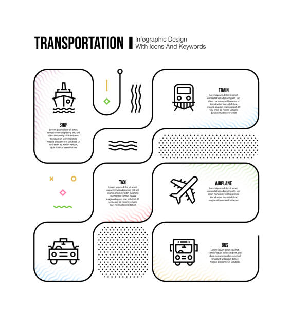 ilustraciones, imágenes clip art, dibujos animados e iconos de stock de plantilla de diseño infográfico con palabras clave e iconos de transporte - stair rail