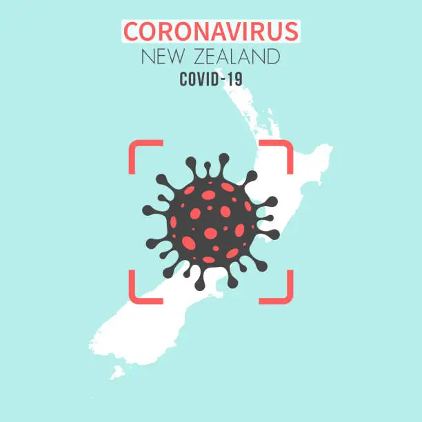 Vector illustration of New Zealand map with a coronavirus cell (COVID-19) in red viewfinder