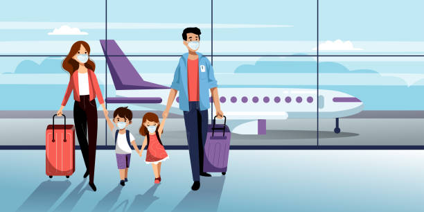 ilustraciones, imágenes clip art, dibujos animados e iconos de stock de familia en máscaras de protección en el aeropuerto. ilustración vectorial. viajar en avión durante el brote epidémico de coronavirus - viajes familiares
