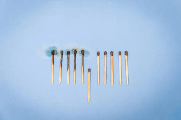 Matchsticks burn, one piece prevents the fire from spreading - the concept of how to stop the coronavirus from spreading. "nConcept to stop contagion of epidemics. COVID-19.