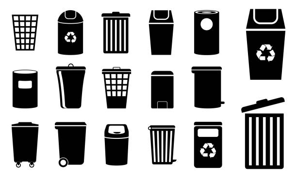 illustrazioni stock, clip art, cartoni animati e icone di tendenza di set di icona del bidone della spazzatura o cestino dei rifiuti cestino o concetto di ecologia del riciclaggio. - garbage can