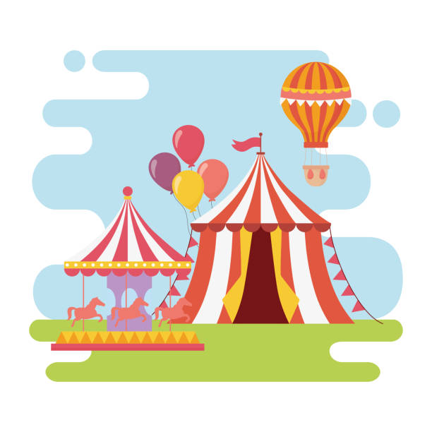 illustrazioni stock, clip art, cartoni animati e icone di tendenza di divertimento fiera carnevale carosello tenda mongolfiera ricreazione intrattenimento - hot air balloon party carnival balloon