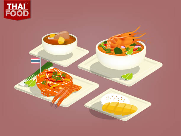 ilustraciones, imágenes clip art, dibujos animados e iconos de stock de hermoso diseño plano de comida tailandesa y postre tailandés como tom-yum-goong, pad thai, curry de masa de pollo, arroz pegajoso de mango - tom tom yum meal soup