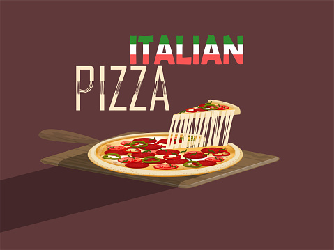 beautiful design vector of italian pizza with cheese and pizza paddle,italian food concept design