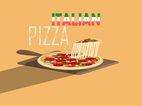 beautiful design vector of italian pizza with cheese and pizza paddle on yellow background,italian food concept design