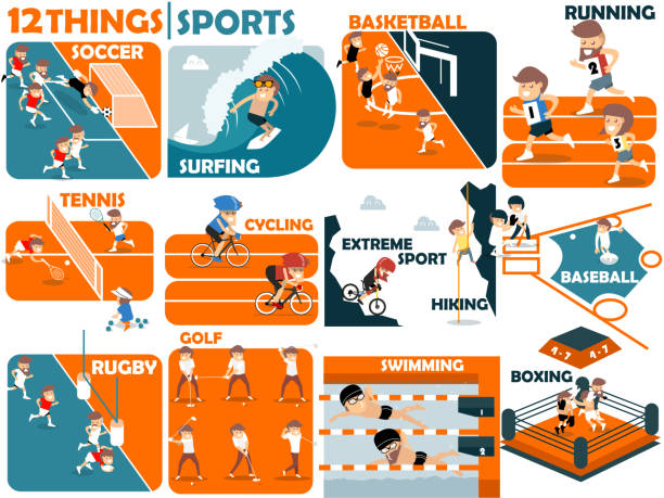 ilustrações, clipart, desenhos animados e ícones de belo design gráfico de esportes populares:futebol, surfe,basquete,corrida,tênis,ciclismo, esportes radicais, caminhadas, beisebol, rúgbi, golfe, natação e boxe - tennis ball american football football