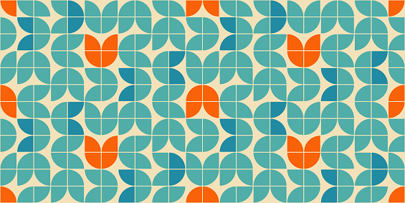 Mid century modern style seamless vector pattern with geometric floral shapes colored in orange, green turquoise and aqua blue. Retro geometrical pattern sixties style.