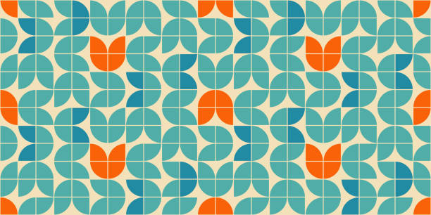 Mid century modern style seamless vector pattern with geometric floral shapes colored in orange, green turquoise and aqua blue. Retro geometrical pattern sixties style. Mid century modern style seamless vector pattern with geometric floral shapes colored in orange, green turquoise and aqua blue. Retro geometrical pattern sixties style. tile patterns stock illustrations