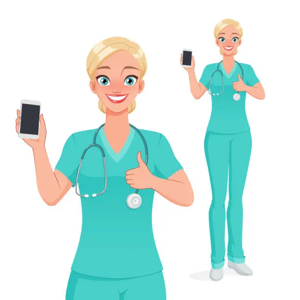 Vector illustration of Smiling nurse showing blank vertical smartphone screen with thumb up. Isolated vector illustration.