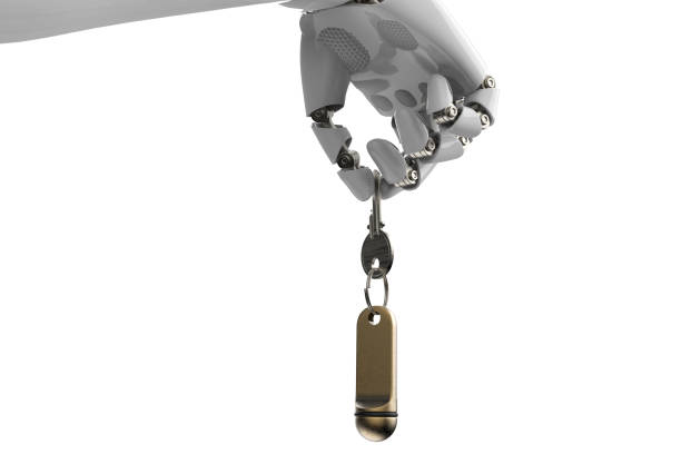 istock Old Fashioned Hotel Key on robot arm stock photo 1213100655