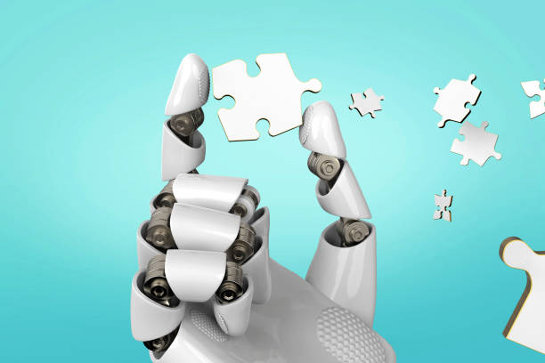 istock 3D rendering Robot hand with puzzle piece stock photo 1213100699