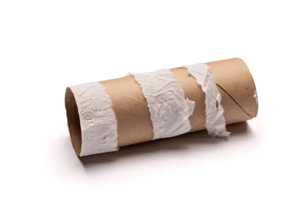 Toilet paper shortage - Empty roll of toilet paper on white background.