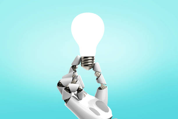 istock Inspiration - Light Bulb Robot Hand Idea on Blue Background stock photo 1213100703
