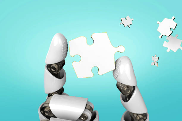 istock 3D rendering Robot hand with puzzle piece stock photo 1213100704