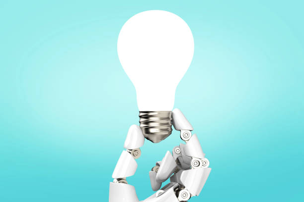 istock Inspiration - Light Bulb Robot Hand Idea on Blue Background stock photo 1213100707
