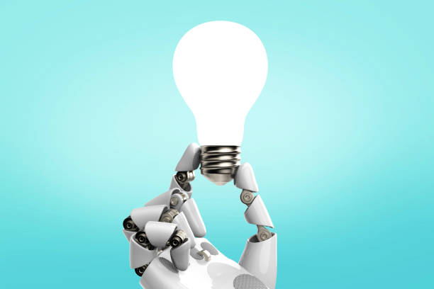 istock Inspiration - Light Bulb Robot Hand Idea on Blue Background stock photo 1213100709