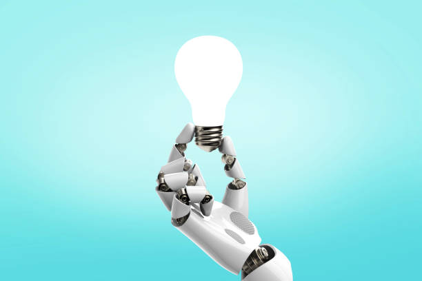 istock Inspiration - Light Bulb Robot Hand Idea on Blue Background stock photo 1213100716