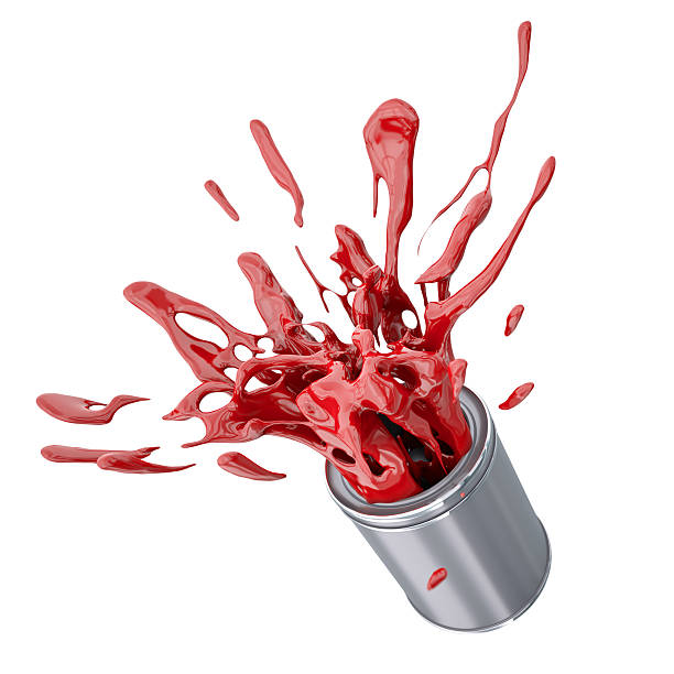 istock Red paint splashing out of a can on a white background 121311057