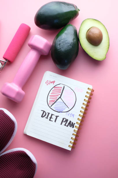 istock notebook with a diet plan with fresh avocado and dumbbell 1213114994