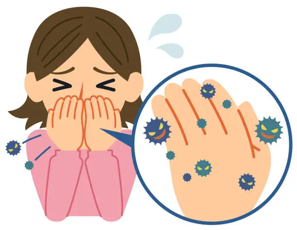 Vector illustration of A bad example of cough etiquette is to control coughing and sneezing by hand.