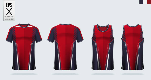 ilustrações, clipart, desenhos animados e ícones de maquete de camiseta, desenho de modelo de camisa esportiva para camisa de futebol, kit de futebol. top de tanque para camisa de basquete e singlet correndo. uniforme esportivo na vista da frente e vista para trás.  desmemrete o vetor - soccer ball running sports uniform red